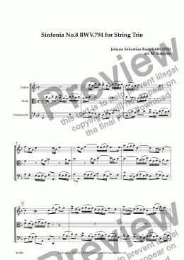 page one of Sinfonia No.8 BWV.794 for String Trio