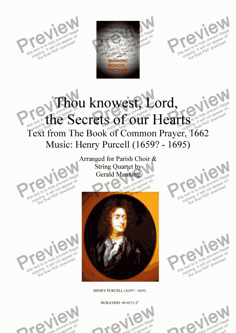 page one of Anthems For All Occasions -  Thou knowest, Lord, the Secrets of our Hearts - Purcell, Henry.- arr. for Parish Choir & String Quartet by Gerald Manning
