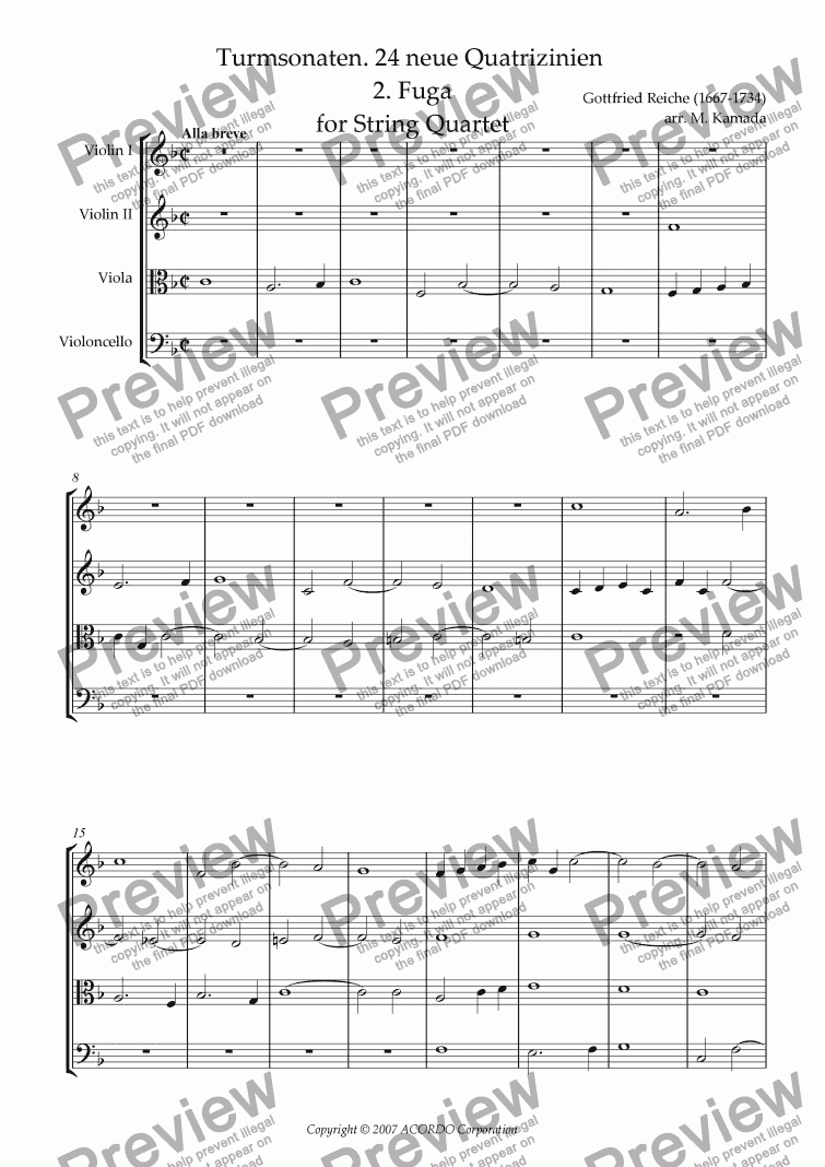 page one of Turmsonaten. 24 neue Quatrizinien 2. Fuga for String Quartet