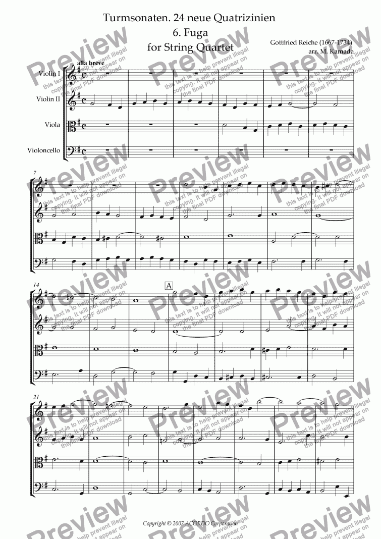 page one of Turmsonaten. 24 neue Quatrizinien 6. Fuga for String Quartet