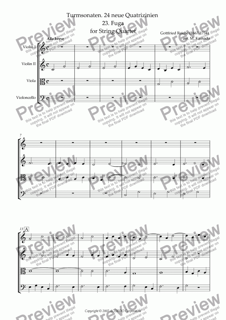 page one of Turmsonaten. 24 neue Quatrizinien 23. Fuga for String Quartet