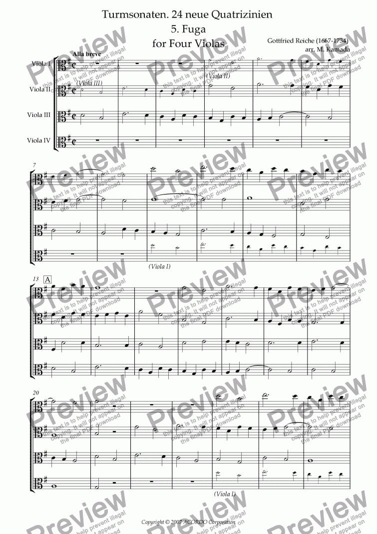 page one of Turmsonaten. 24 neue Quatrizinien 5. Fuga for Four Violas