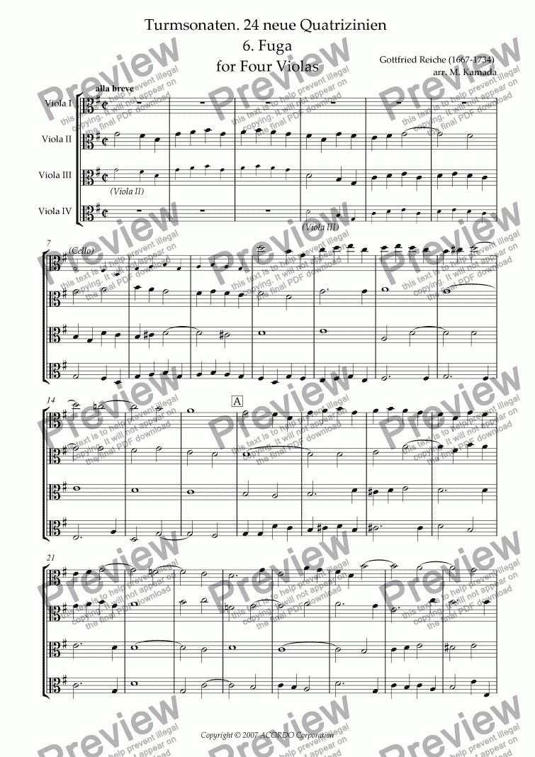 page one of Turmsonaten. 24 neue Quatrizinien 6. Fuga for Four Violas