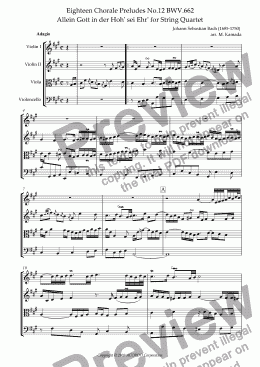page one of Eighteen Chorale Preludes No.12 BWV.662 Allein Gott in der Hoh’ sei Ehr’ for String Quartet (2 Violins, Viola & Cello)