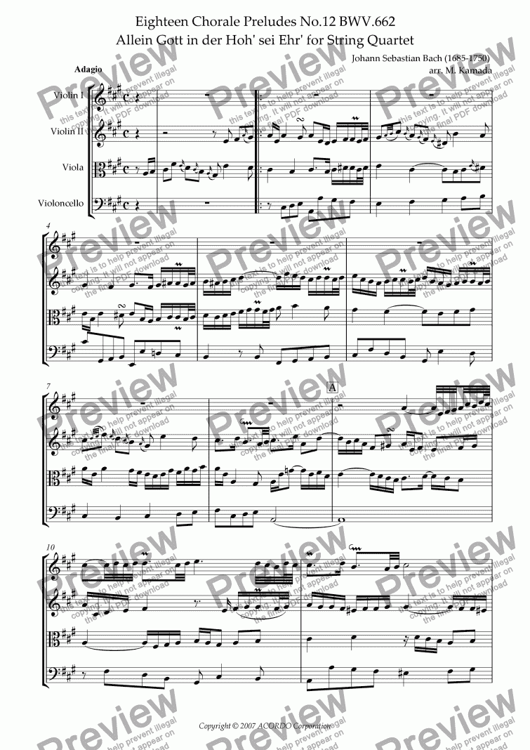 page one of Eighteen Chorale Preludes No.12 BWV.662 Allein Gott in der Hoh’ sei Ehr’ for String Quartet (2 Violins, Viola & Cello)