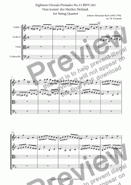 page one of Eighteen Chorale Preludes No.11 BWV.661 Nun komm’ der Heiden Heiland. for String Quartet (2 Violins, Viola & Cello)