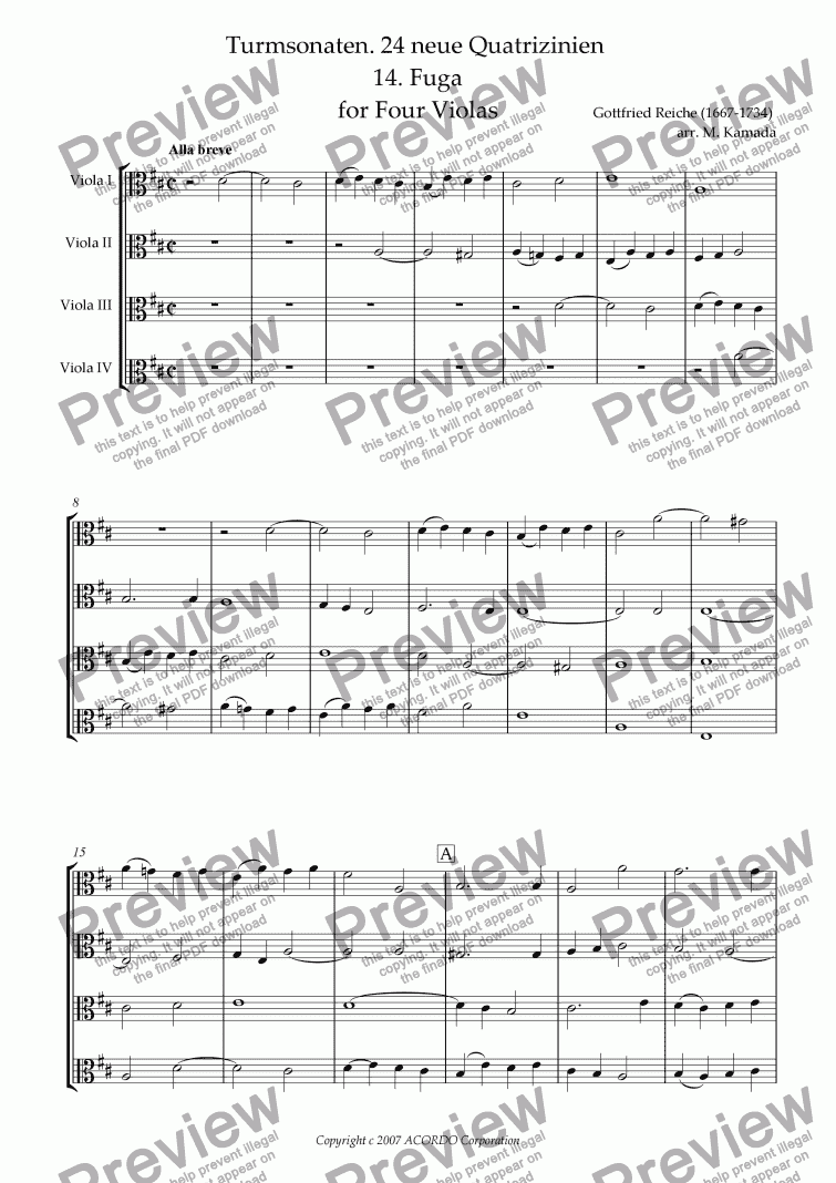 page one of Turmsonaten. 24 neue Quatrizinien 14. Fuga for Four Violas
