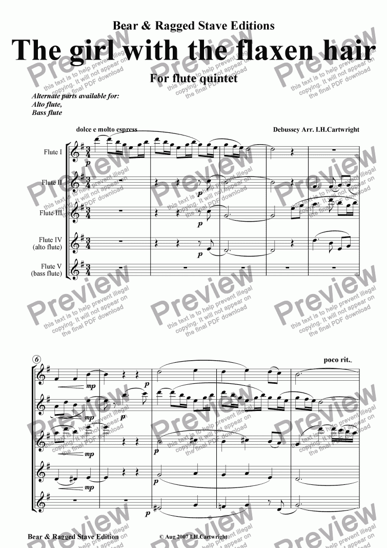page one of The girl with the flaxen hair for flute quintet