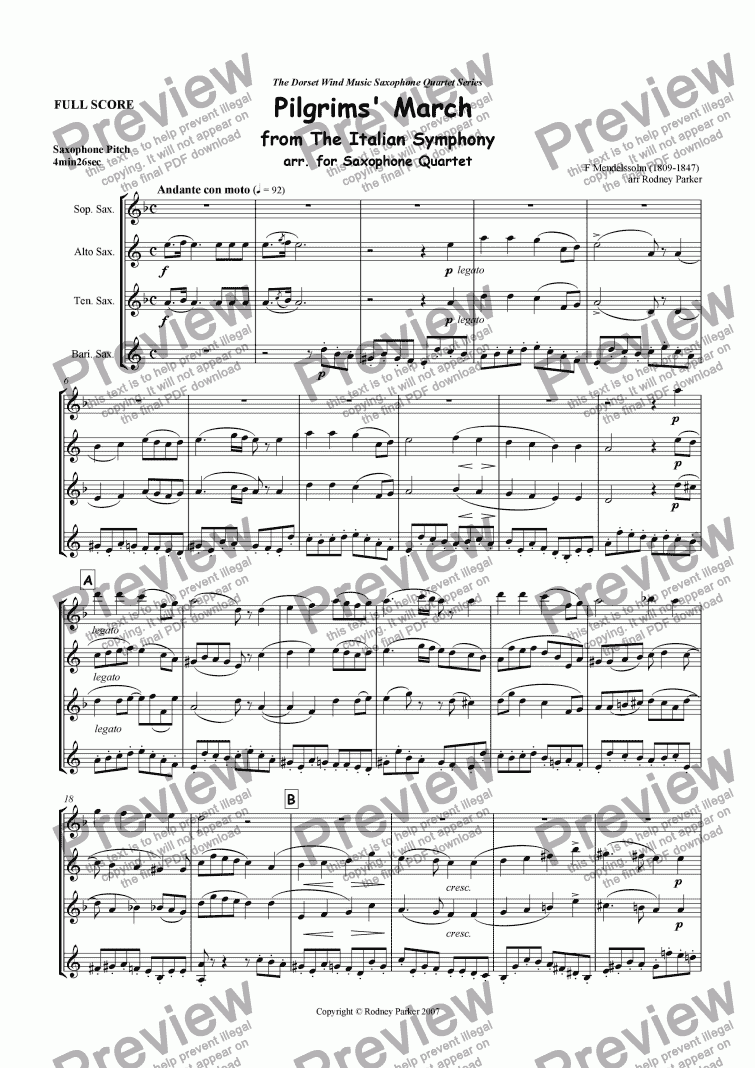 page one of Pilgrims, March from The Italian Symphony arr. for Saxophone Quartet