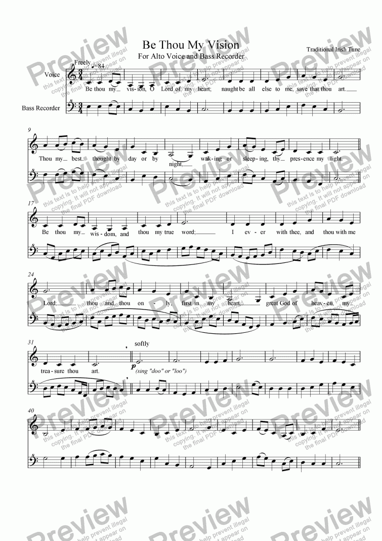 page one of "Be Thou My Vision" for Alto Voice and Bass Recorder