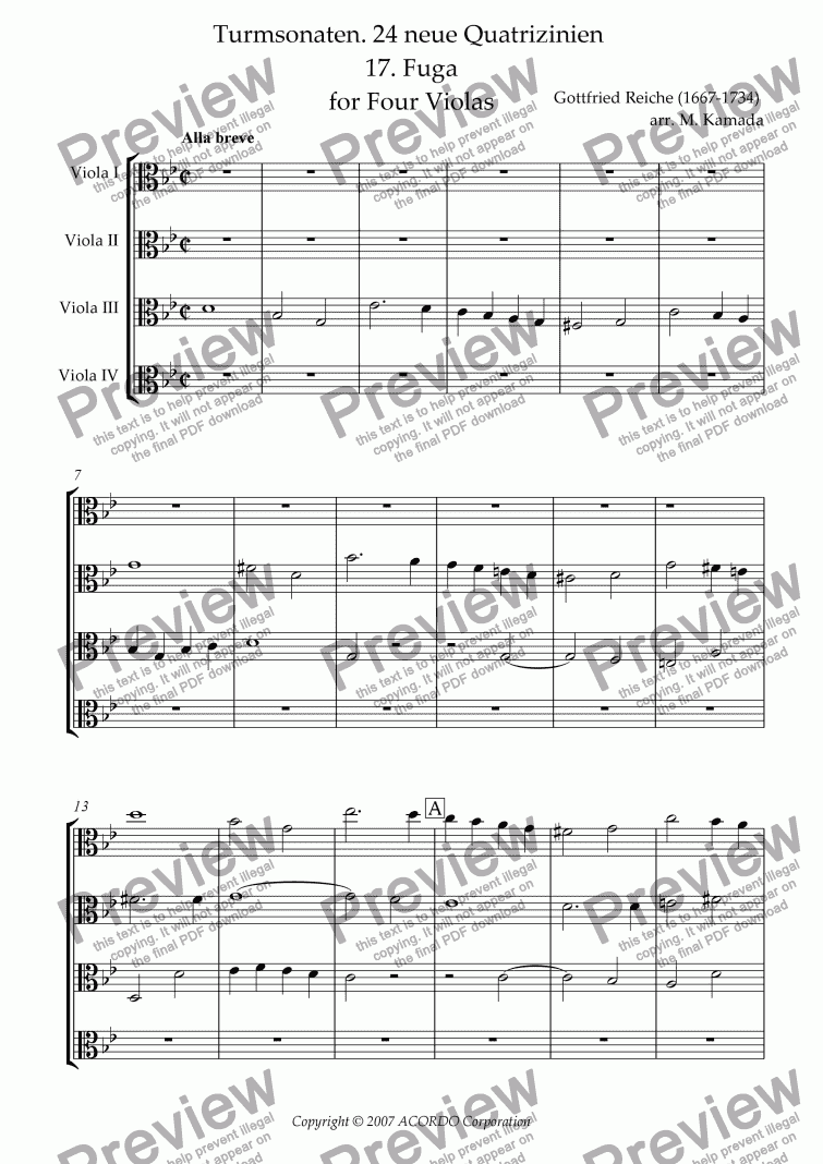 page one of Turmsonaten. 24 neue Quatrizinien 17. Fuga for Four Violas