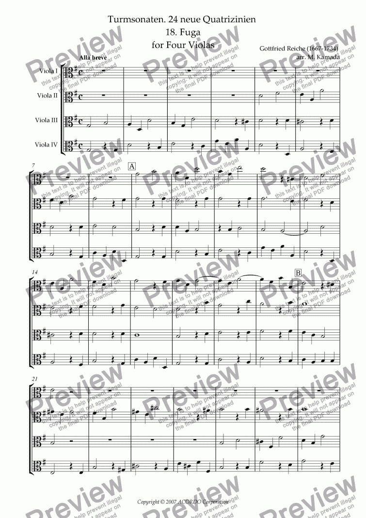 page one of Turmsonaten. 24 neue Quatrizinien 18. Fuga for Four Violas