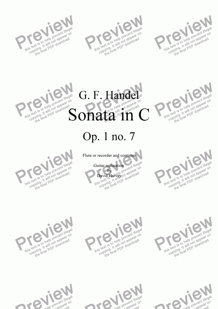 page one of Sonata in C, Op 1 no 7 (Flute or Recorder and Guitar)