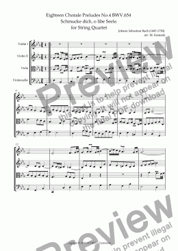 page one of Eighteen Chorale Preludes No.4 BWV.654  Schmucke dich, o libe Seele. for String Quartet (2 Violins, Viola & Cello)
