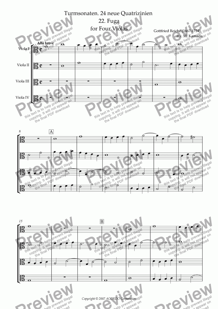 page one of Turmsonaten. 24 neue Quatrizinien 22. Fuga for Four Violas