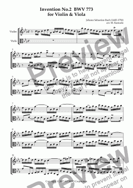 page one of Invention No.2 BWV 773 for Violin & Viola