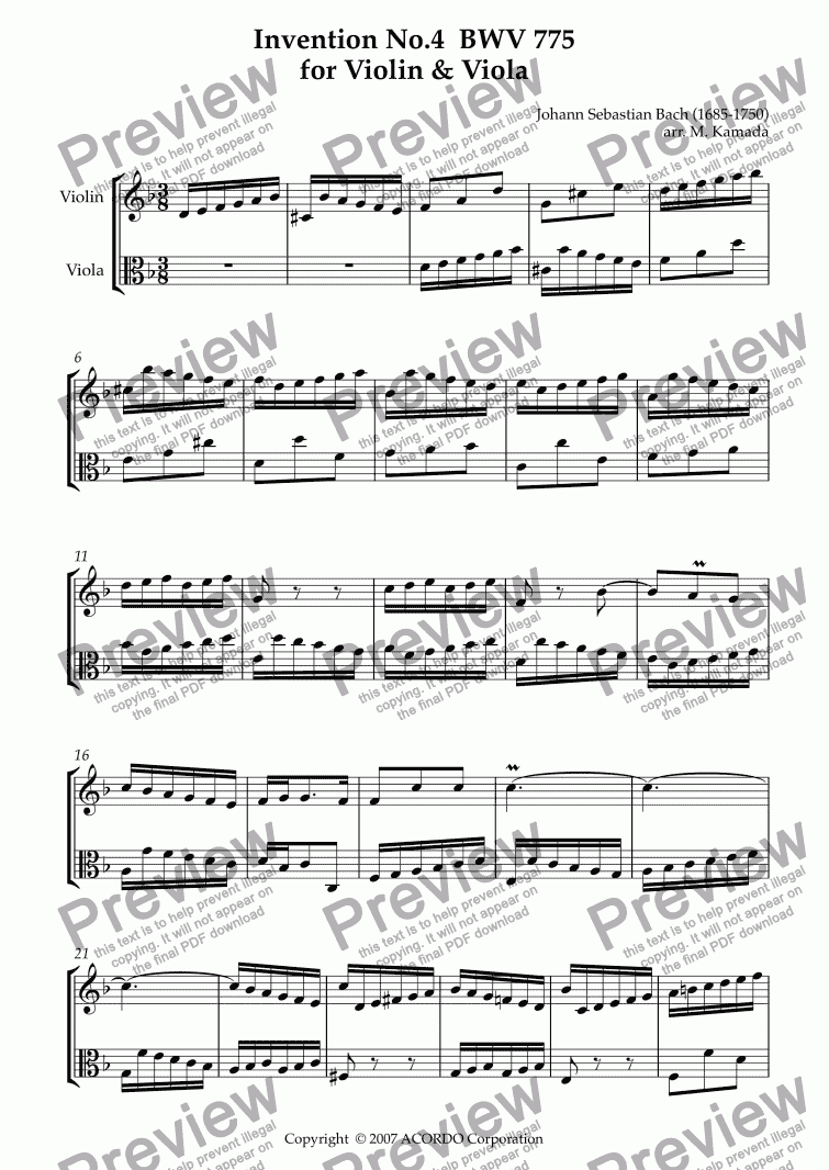 page one of Invention No.4 BWV 775 for Violin & Viola