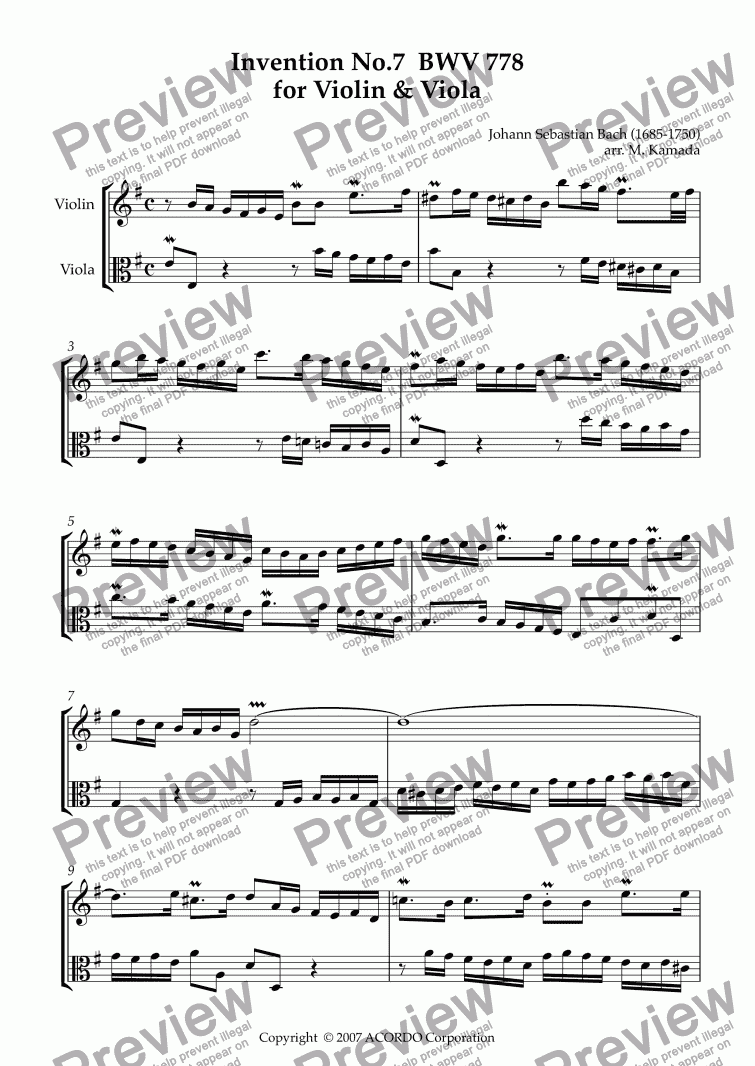 page one of Invention No.7 BWV 778 for Violin & Viola