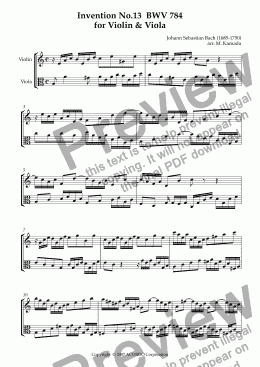 page one of Invention No.13 BWV 784 for Violin & Viola