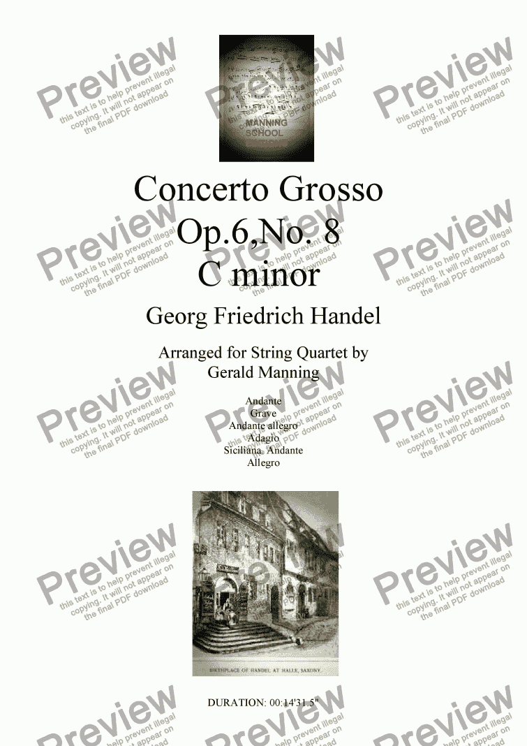 page one of HANDEL, G.F. - Concerto Grosso Op, 6 No.8 in C minor - arr. for String Quartet by Gerald Manning