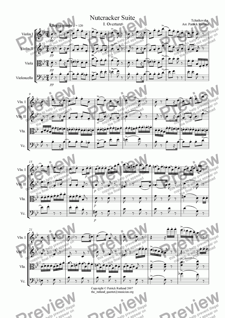 page one of Tchaikovsky Overture to The Nutcracker for String Quartet