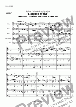 page one of ’Sleepers Wake’ for Clarinet Quartet with solo Bassoon,Tenor Sax or Trombone  
