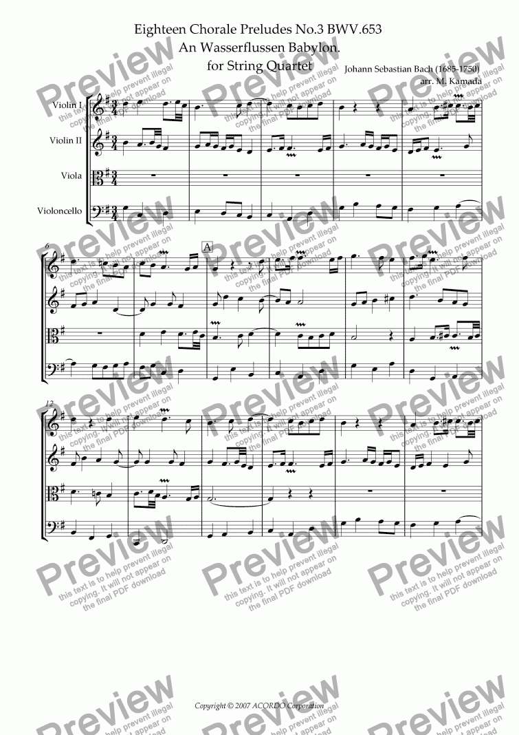 page one of Eighteen Chorale Preludes No.3 BWV.653  An Wasserflussen Babylon. for String Quartet (2 Violins, Viola & Cello)