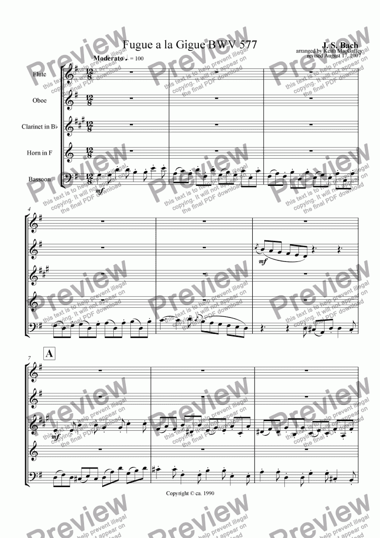 page one of Bach: Fugue a la Gigue arr. wind quintet
