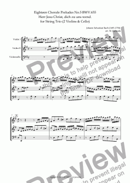 page one of Eighteen Chorale Preludes No.5 BWV.655 Herr Jesu Christ, dich zu uns wend. for String Trio (2 Violins & Cello)