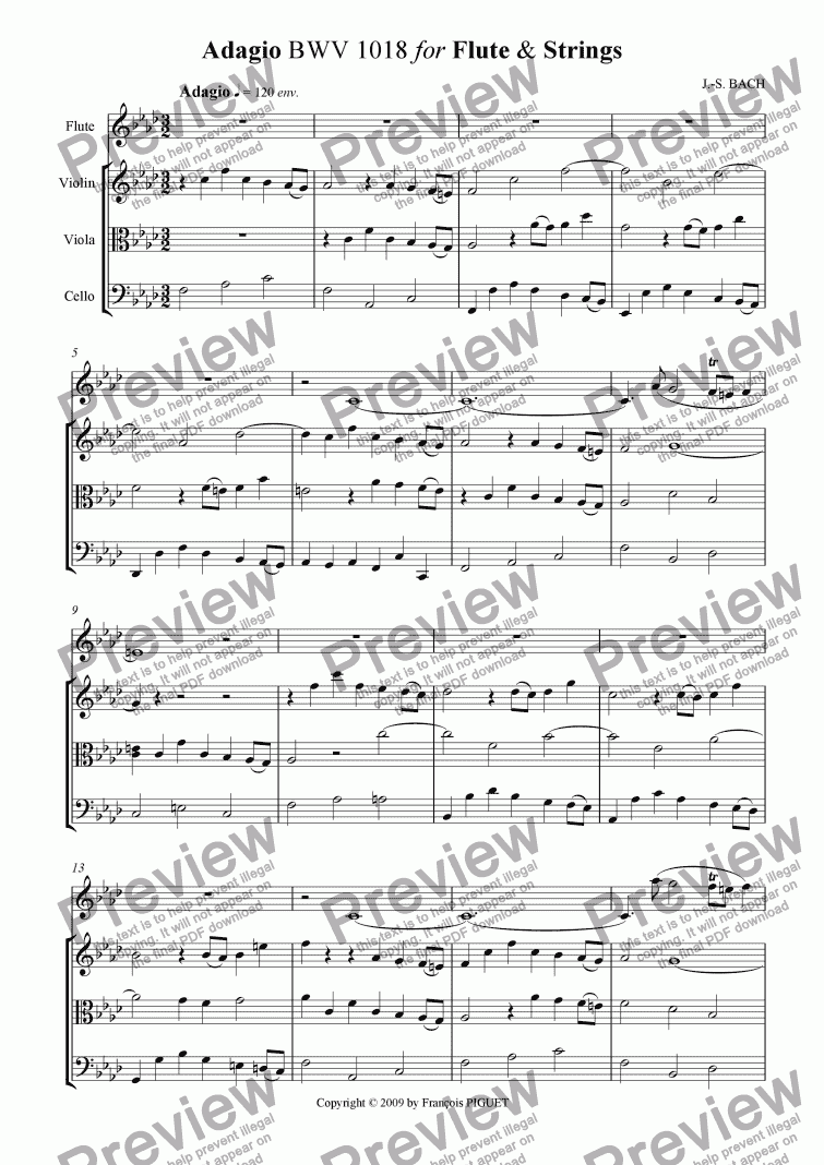 page one of Adagio BWV 1018 for Flute & Strings