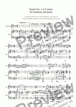 page one of Sonata No. 1 in F minor for trombone and piano, Op. 22 - I. Allegretto - Allegro leggiero