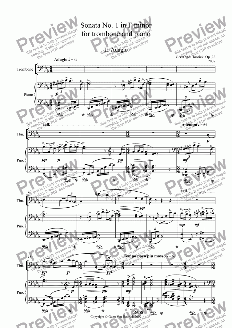 page one of Sonata No. 1 in F minor for trombone and piano, Op. 22 - II. Adagio