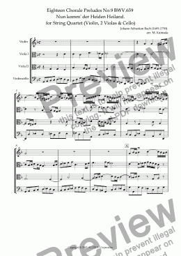 page one of Eighteen Chorale Preludes No.9 BWV.659  Nun komm’ der Heiden Heiland. for String Quartet (Violin, 2 Violas & Cello)