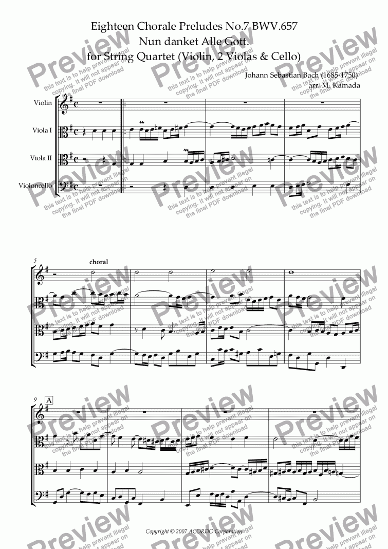 page one of Eighteen Chorale Preludes No.7 BWV.657 Nun danket Alle Gott. for String Quartet (Violin, 2 Violas & Cello)