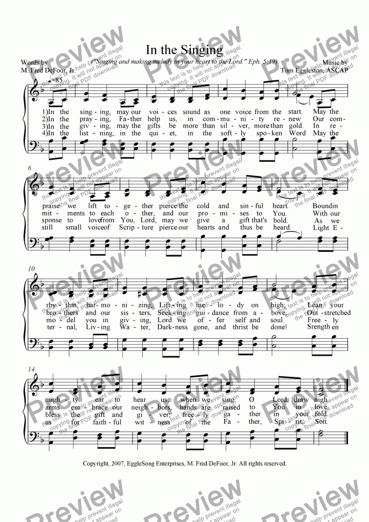 page one of In the Singing (New Hymn)