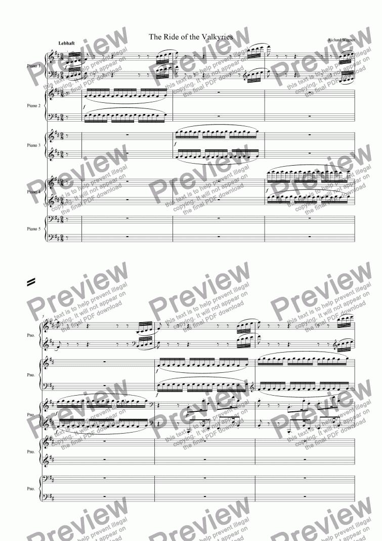page one of Ride of the Valkyries (5 Pianos)