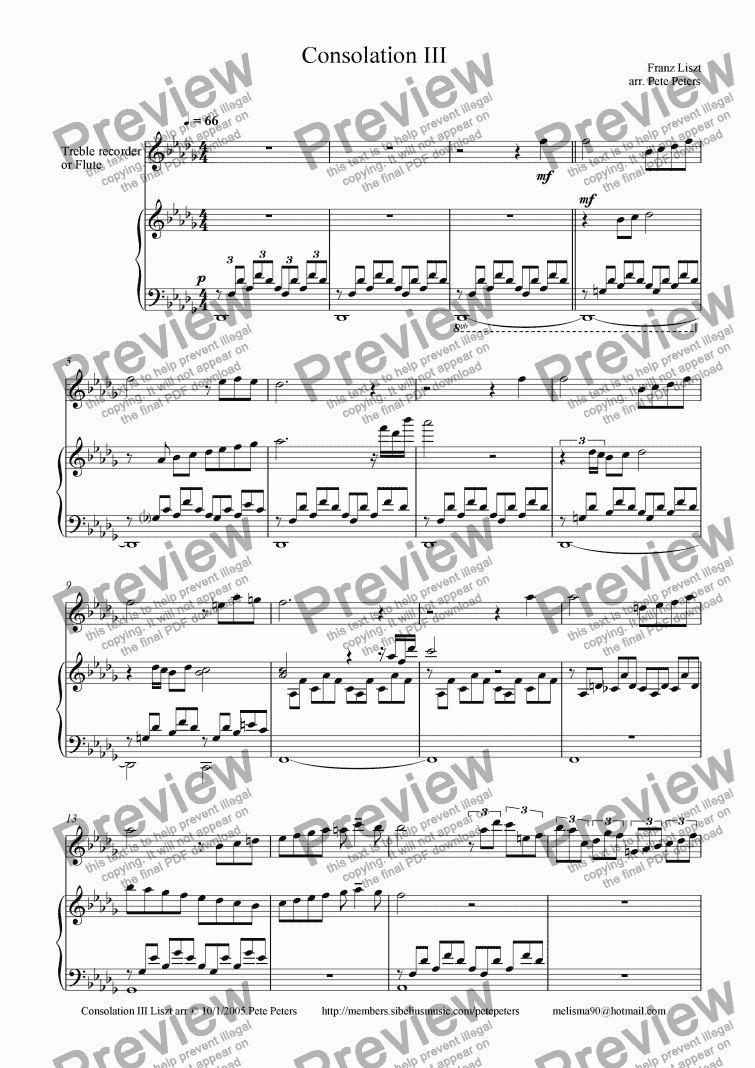 page one of Consolation No3 [Franz Liszt] Flute or Recorder + Pno version