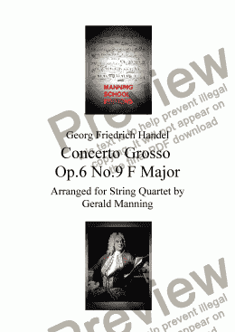 page one of HANDEL, G.F. - Concerto Grosso Op, 6 No.9 in FMajor - arr. for String Quartet by Gerald Manning