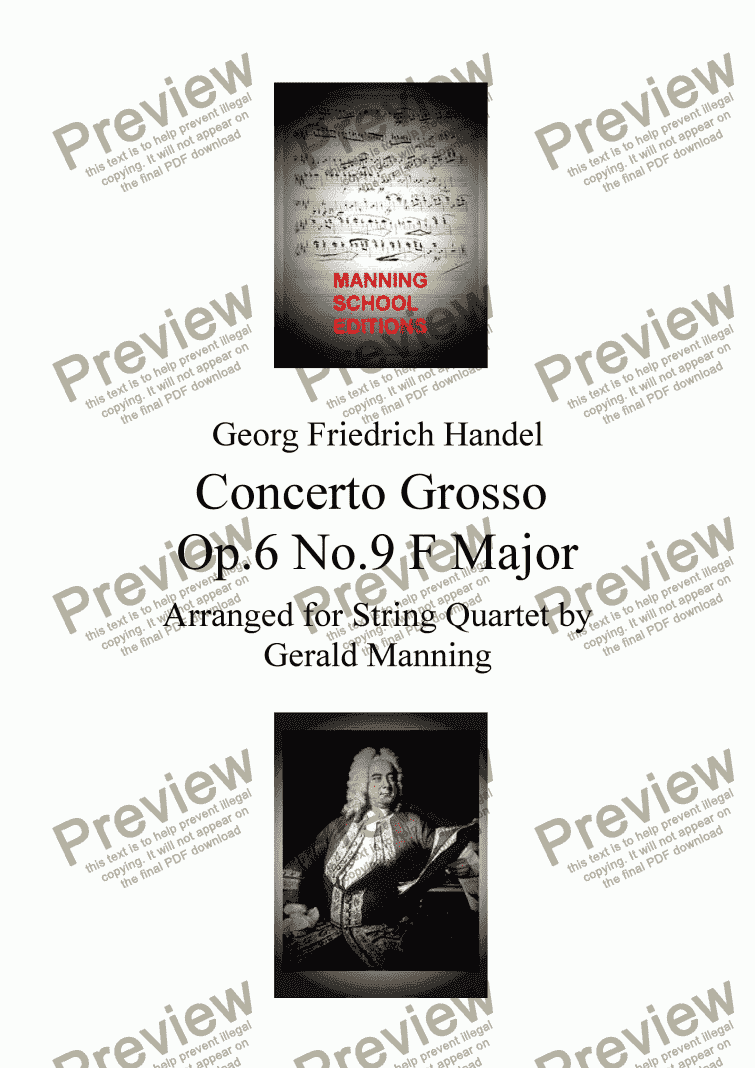page one of HANDEL, G.F. - Concerto Grosso Op, 6 No.9 in FMajor - arr. for String Quartet by Gerald Manning