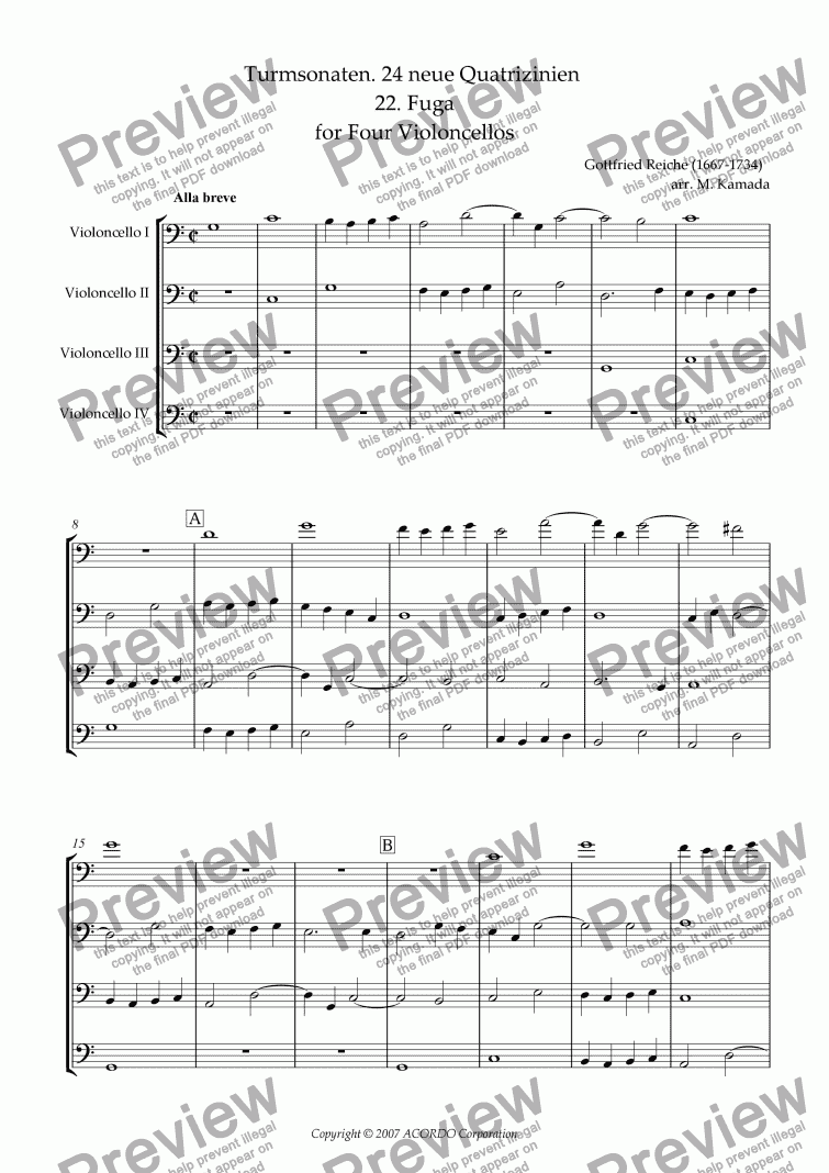 page one of Turmsonaten. 24 neue Quatrizinien 22. Fuga for Four Violoncellos