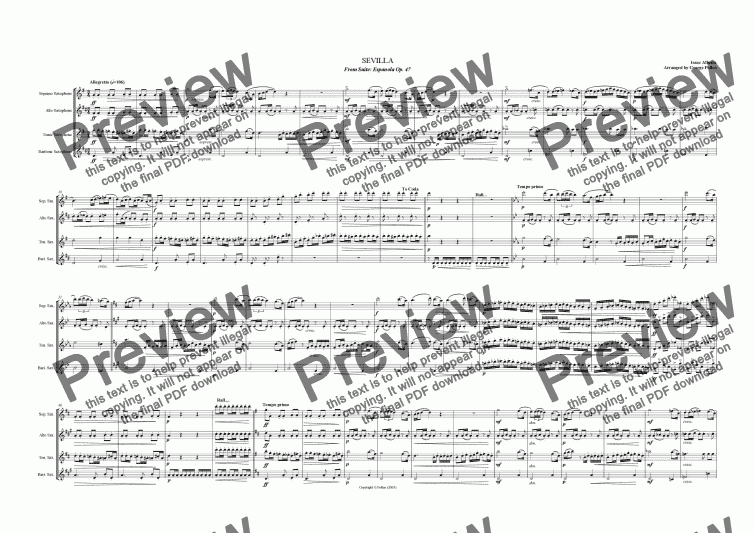 page one of Sevilla [Suite Espanola Op. 47] (Saxophone quartet)