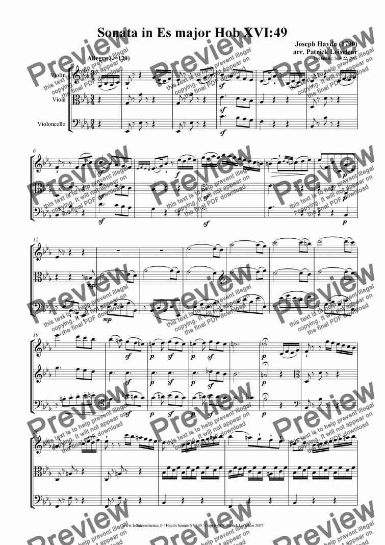 page one of Haydn Sonata in Es major ( XVI:49) arranged for string trio