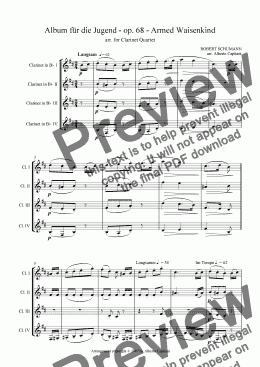 page one of Album für die Jugend - op. 68 - Armed Waisenkind - arr. for Clarinet Quartet