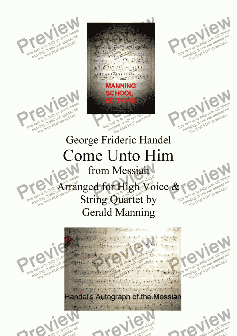 page one of Reliquary of Sacred Music - Handel, G.F.- Come Unto Him from Messiah - arr. for High Voice & String Quartet  by Gerald Manning