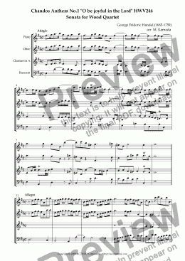 page one of Chandos Anthem No.1 "O be joyful in the Lord" HWV246 Sonata for Wood Quartet