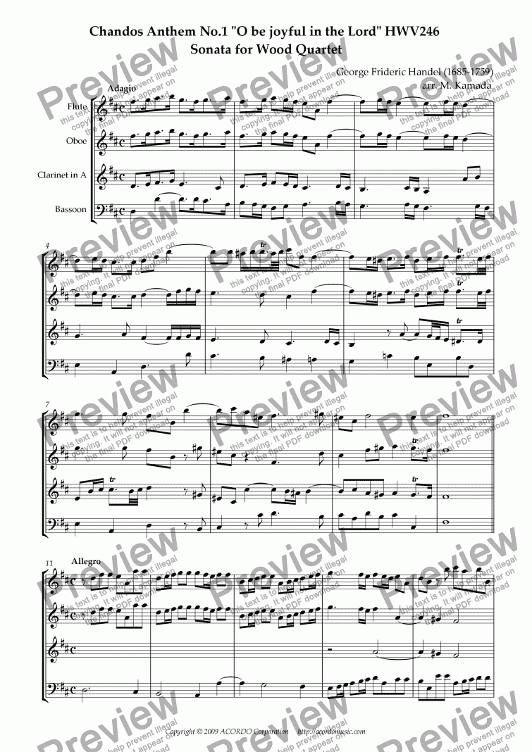 page one of Chandos Anthem No.1 "O be joyful in the Lord" HWV246 Sonata for Wood Quartet