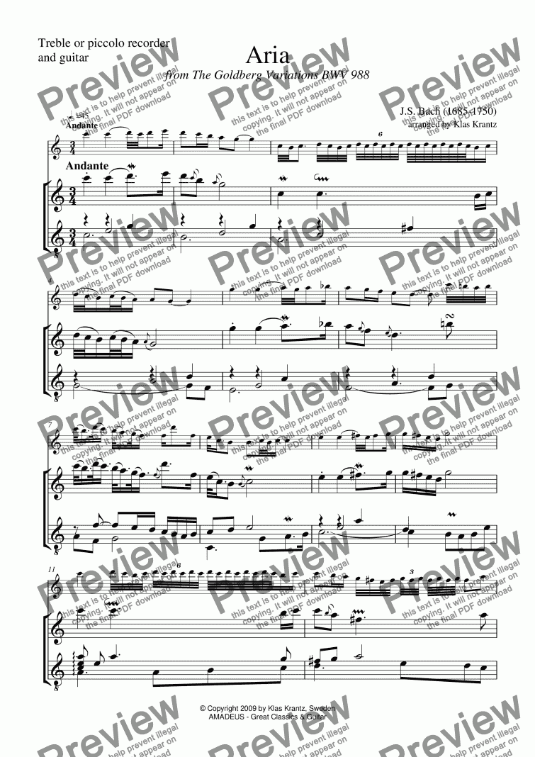 page one of Goldberg variations BWV 988 - Aria, for treble recorder and guitar