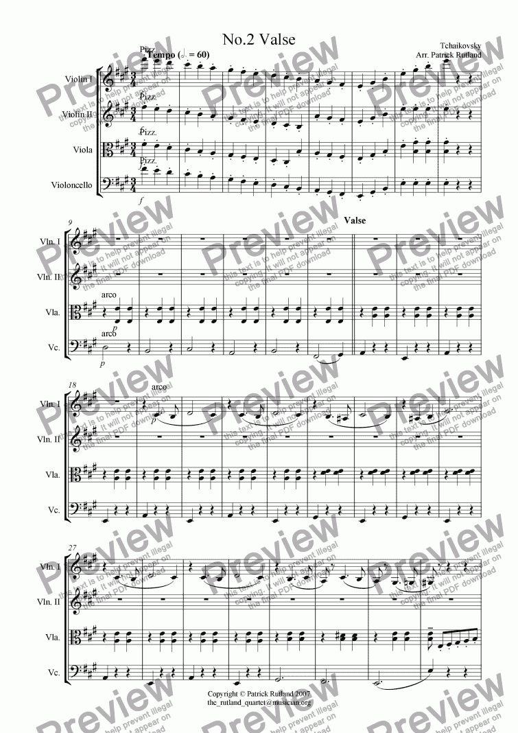 page one of Valse Waltz from Swan Lake by Tchaikovsky for String Quartet