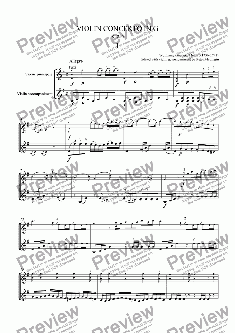 page one of Mozart Violin Concerto in G