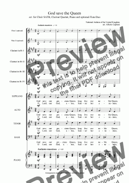 page one of God save the Queen - arr. for Choir SATB, Clarinet Quartet, Piano and optional Flute Duo
